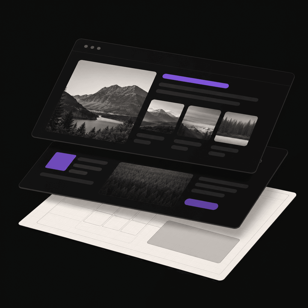 Illustration of the Sites surface: curated, preview-safe public pages from your brand profile per project.