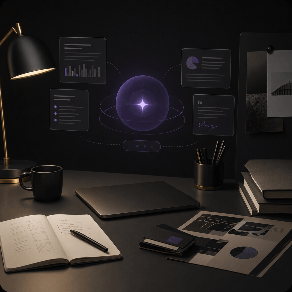 Illustration of the Studio surface: brand-aware workspace for questions, drafts and iteration with Marshi.