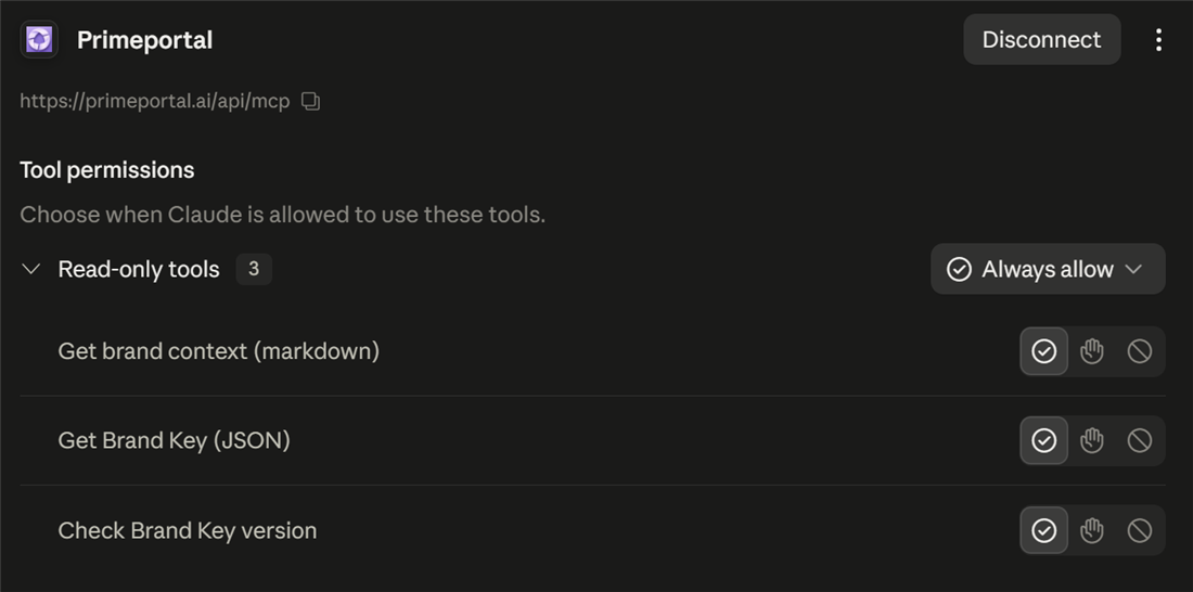 The Primeportal connector installed in Claude, listed among its tools.